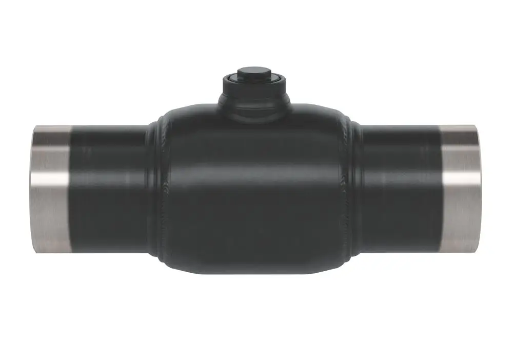 Schwarzer Kugelhahn mit metallenen Enden, zentraler Einsteller. Danfoss Produkt für Rohrsysteme, geeignet für verschiedene Anwendungen in der Fluidtechnik.